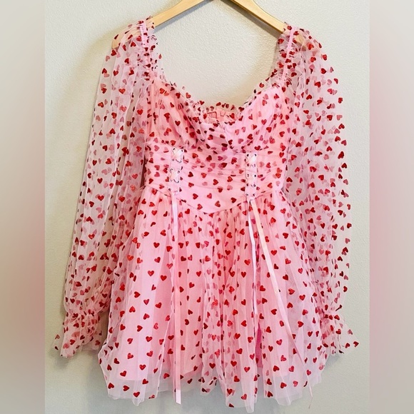 NWT Small Dolls Kill Sugar Thrillz Heavenly Affair Tulle Heart Flocked Babydoll - Picture 1 of 16